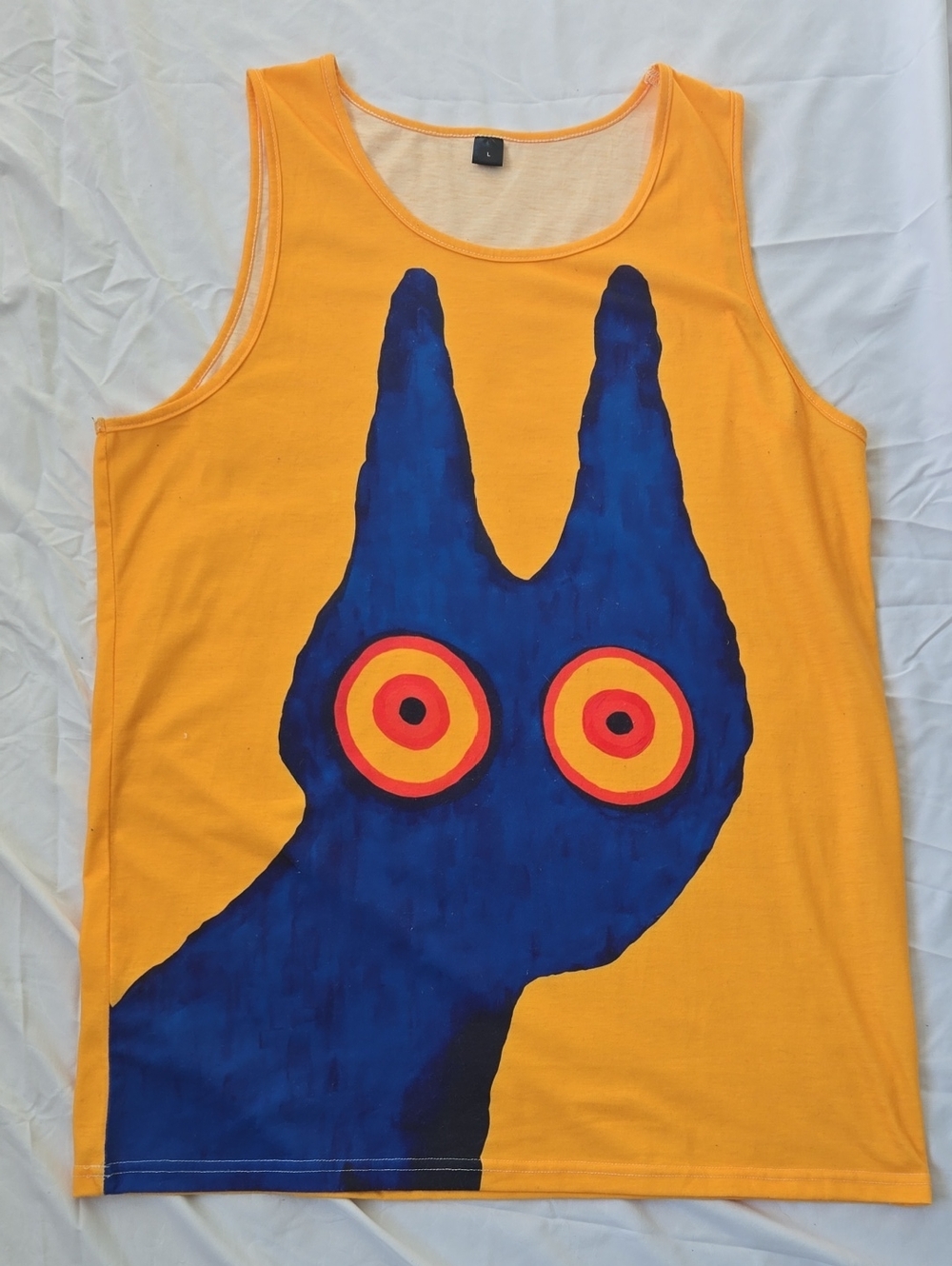 Men's Tank Top, Modern Art Face Artwork, Yellow, Blue And Red. Size L.